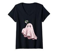 Women's Cherry Blossom Ghost Sad Spirit Kawaii Bloom V-Neck T-Shirt