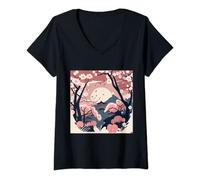 Womens Cherry blossom japanese castles with sun and mountain V-Neck T-Shirt