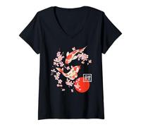 Womens Cherry Blossom Koi Carp Fish Japanese Sakura Graphic Art V-Neck T-Shirt