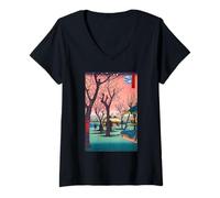 Womens Cherry Blossom Sakura Japanese Woodblock Print - Sunset Art V-Neck T-Shirt