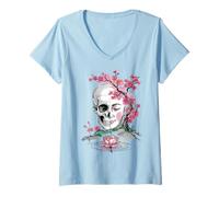 Womens Cherry Blossom Skull Buddha Lotus Japan Rebirth V-Neck T-Shirt