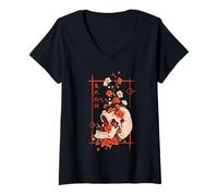 Women's Cherry Blossom Skull Japanese Kanji Sakura Woodblock Art V-Neck T-Shirt