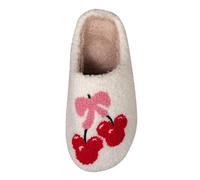 Women's Cherry Bow Cotton House Slippers, White with Red and Pink Design, Indoor Outdoor Non-Slip TPR Sole, Flat Comfort Casual Footwear