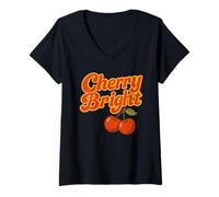 Womens Cherry Bright Fruit red Cherries Stylized Leaf Design V-Neck T-Shirt