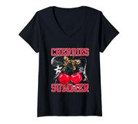 Womens Cherry Coquette Aesthetic | Leopard Print Cute Summer Tee V-Neck T-Shirt