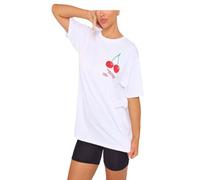 Womens Cherry Perfection Slogan Printed Baggy Top T-Shirt Ladies Short Sleeve Crew Neck Oversized Cherry Graphic Print Tees Shirt White