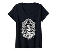 Women's Cherub Angel with Gothic Cathedral & Lily Flowers Tattoo V-Neck T-Shirt