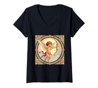 Women's Cherubic Figure with A Garland of Tiny Red Flowers V-Neck T-Shirt