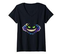 Women's Cheshire Cat Invisible Grin Dark Aesthetic Outline Art V-Neck T-Shirt
