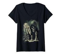 Womens Chess Grim Reaper Skull Checkmate Gothic Chess Lover V-Neck T-Shirt