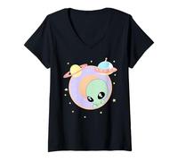 Women's Chibi Alien Kawaii Pastel Cute Green Man Tee Space UFO V-Neck T-Shirt