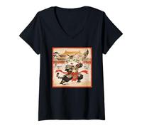Women's Chibi Asian Chinese Warrior Cat - Meow Kung Fu Vintage Art V-Neck T-Shirt