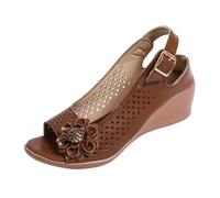 Women's Chic and Elegant Cutout Wedge Heel Sandals Leather with Flower and Adjustable Buckles Comfort Breathable Mules and Clogs Leisure Plain and Large Size Everyday, 01 Brown, 7 UK