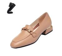 Women's Chic & Comfy Solid Color Slip-On Leather Loafers,Square Toe Chunky Heel Office Dress Shoes,Low Heel Loafers(Light Brown,6.5 UK)
