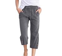 Women's Chic Cotton and Linen Cropped Trousers with Comfortable Drawstring Beach Trousers in Beige, Dark Grey, L