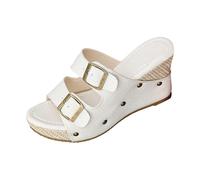 Women's Chic Double Buckle Strap Wedge Sandals Studded Platform Espadrille Slip on Mules for Vacation Cafe Resort Summer Attire White 5.0