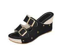 Women's Chic Double Buckle Strap Wedge Sandals Studded Platform Espadrille Slip on Mules for Vacation Cafe Resort Summer Attire Black 5.0