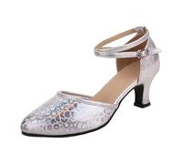 Women's Chic Elegant Leather Dance Shoes Mid Heel Shiny Glitter Pumps Pointed Toe Closed Toe Buckle Ankle Strap | Modern Style for Latin Party Stage Carnival, 01 Silver, 8 UK