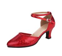 Women's Chic Elegant Leather Dance Shoes Mid Heel Shiny Glitter Pumps Pointed Toe Closed Toe Buckle Ankle Strap | Modern Style for Latin Party Stage Carnival, 01 Red, 8 UK
