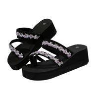 Women's Chic Floral Embroidered Two Strap Slide Sandals Featuring Comfortable Platform Sole for Casual Summer Evenings Or Beach Holiday Style Purple 6.5