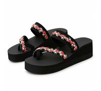 Women's Chic Floral Embroidered Two Strap Slide Sandals Featuring Comfortable Platform Sole for Casual Summer Evenings Or Beach Holiday Style Red 4.5