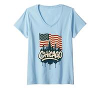 Womens Chicago Skyline American Flag Vintage Graffiti Art Souvenir V-Neck T-Shirt