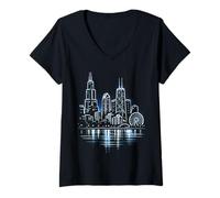 Women's Chicago Skyline City Night Cityscape Downtown Souvenir V-Neck T-Shirt
