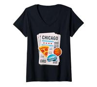 Womens Chicago Travel Art with Pizza and City Icons V-Neck T-Shirt