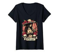 Women's Chicana Con Sazón Vaquero Rodeo Art V-Neck T-Shirt