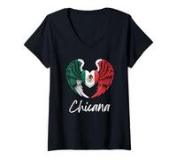 Womens Chicana Mexican Flag Heart with Angel Wings V-Neck T-Shirt