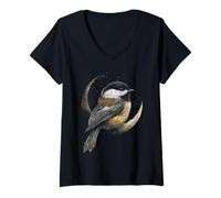 Women's Chickadee Crescent Moon Celestial Bird V-Neck T-Shirt