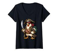 Women's Chicken Dressed As A Pirate Funny Chicken Halloween V-Neck T-Shirt