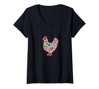 Womens Chicken Floral Silhouette Farmhouse Country Garden Inspired V-Neck T-Shirt