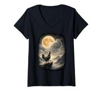 Women's Chicken Howling at the Moon Retro Wildlife Farm Animal Lover V-Neck T-Shirt