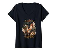 Women's Chicken Keeper Wild Heart Early Start Boho Rooster Farm Life V-Neck T-Shirt