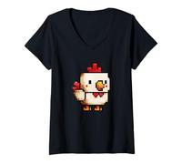 Women's Chicken Pixel Funny Retro Gaming Lover V-Neck T-Shirt