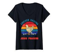 Womens Chicken Raising Jesus Praising Christian Funny Farm Faith V-Neck T-Shirt