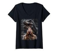 Womens Chicken Vs Dinosaur Funny Chicken Scary T-Rex V-Neck T-Shirt