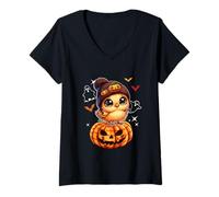 Womens Chicken Wearing Knitted Hat Halloween Carved Pumpkins Farmer V-Neck T-Shirt