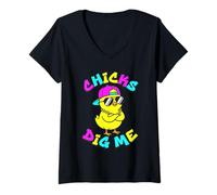 Women's Chicks Dig Me Cool Chick with Sunglasses & Hat V-Neck T-Shirt