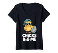 Women's Chicks Dig Me Cool Funny Easter Chick Humor V-Neck T-Shirt