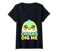 Women's Chicks Dig Me Cute Bird Funny Confident Guy V-Neck T-Shirt