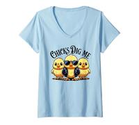 Women's Chicks Dig Me Funny Baby Chick Sunglasses Retro Cute Group V-Neck T-Shirt