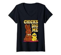 Women's Chicks Dig Me Funny Baby Chick Sunglasses Retro Cute V-Neck T-Shirt