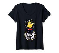 Women's Chicks Dig Me Funny Baby Chick Sunglasses Retro Cute V-Neck T-Shirt