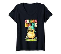 Women's Chicks Dig Me Funny Baby Chick Sunglasses Retro Cute V-Neck T-Shirt