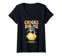 Women's Chicks Dig Me Funny Baby Chick Sunglasses Retro Cute V-Neck T-Shirt