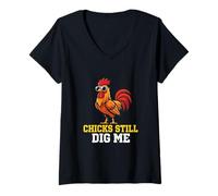 Women's Chicks Still Dig Me Rooster Poultry Farm Barnyard Farmer V-Neck T-Shirt