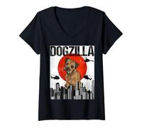 Women's Chienzilla Dogzilla Japanese Border Terrier V-Neck T-Shirt