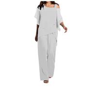 Women's Chiffon 2 Pcs Suit Off Shoulder Asymmetrical Tops and Wide Leg Pants Elegant Outfit Summer Vacation Holiday Essential White